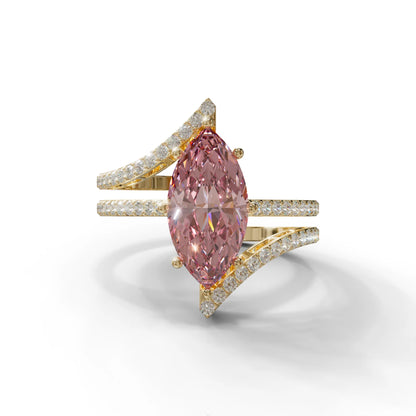 3 Carat Marquise Cut Pink Lab Diamond Ring with Double Pave Setting - 10K Solid Gold / Yellow Gold