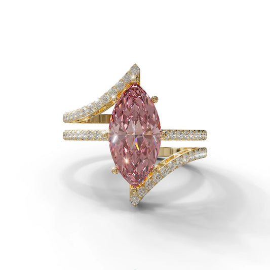 3 Carat Marquise Cut Pink Lab Diamond Ring with Double Pave Setting - 10K Solid Gold / Yellow Gold