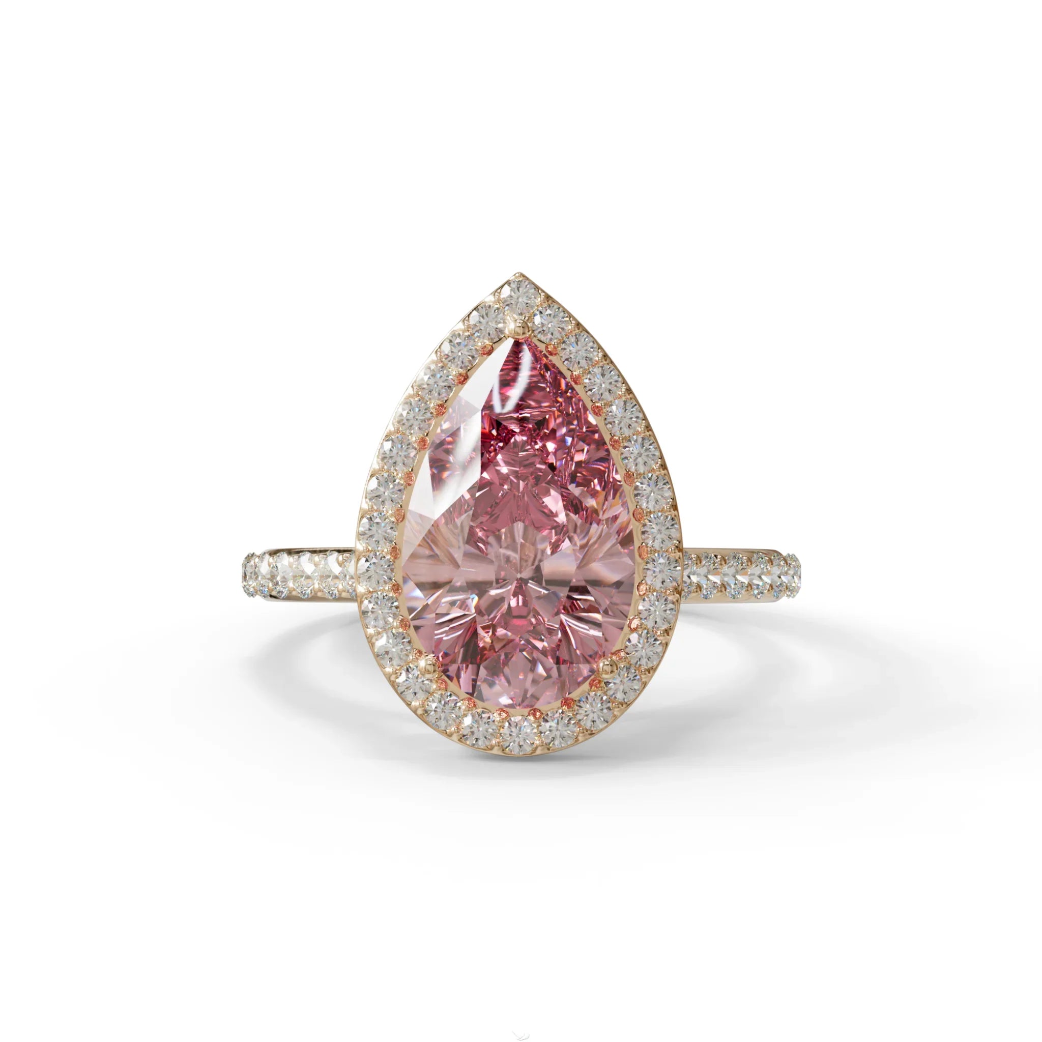 3 Carat Pink Pear Cut Halo & Pave Setting Lab Grown Diamond Ring - 10K Solid Gold / Rose Gold