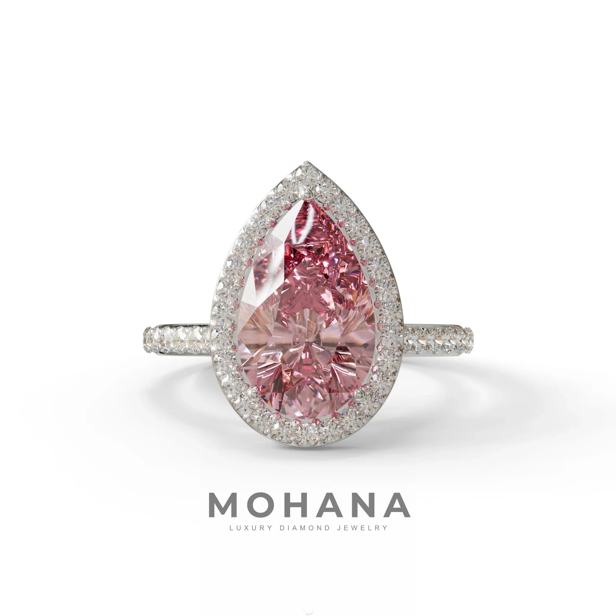 3 Carat Pink Pear Cut Halo & Pave Setting Lab Grown Diamond Ring - 10K Solid Gold / White Gold
