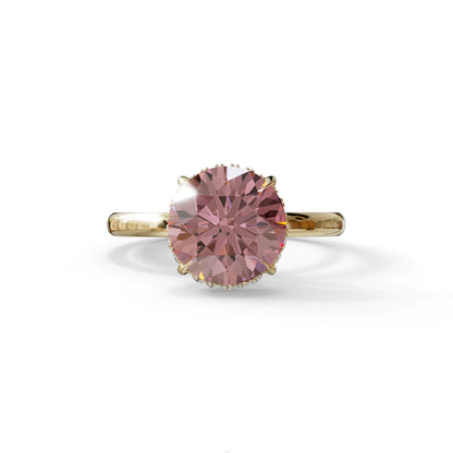 3 Carat Round Pink Hidden Halo Lab Diamond Ring - Luxe Cercle - 10K Solid Gold / Yellow Gold