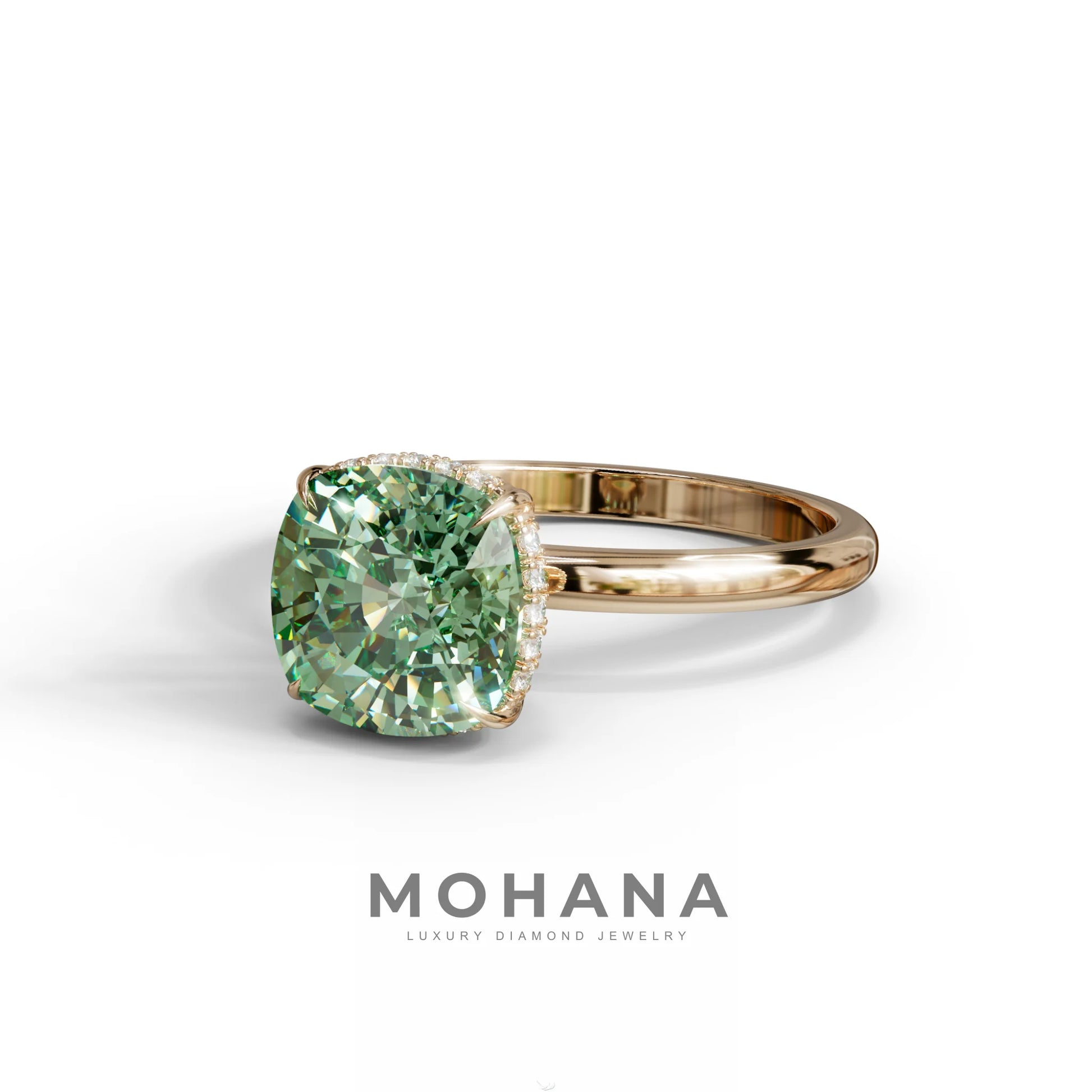 3 Carat Green Cushion Lab Diamond Hidden Halo Ring