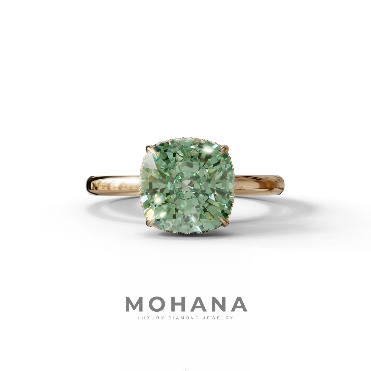 3 Carat Green Cushion Lab Diamond Hidden Halo Ring - 10K Solid Gold / Rose Gold