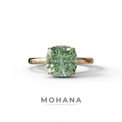 3 Carat Green Cushion Lab Diamond Hidden Halo Ring - 10K Solid Gold / Rose Gold