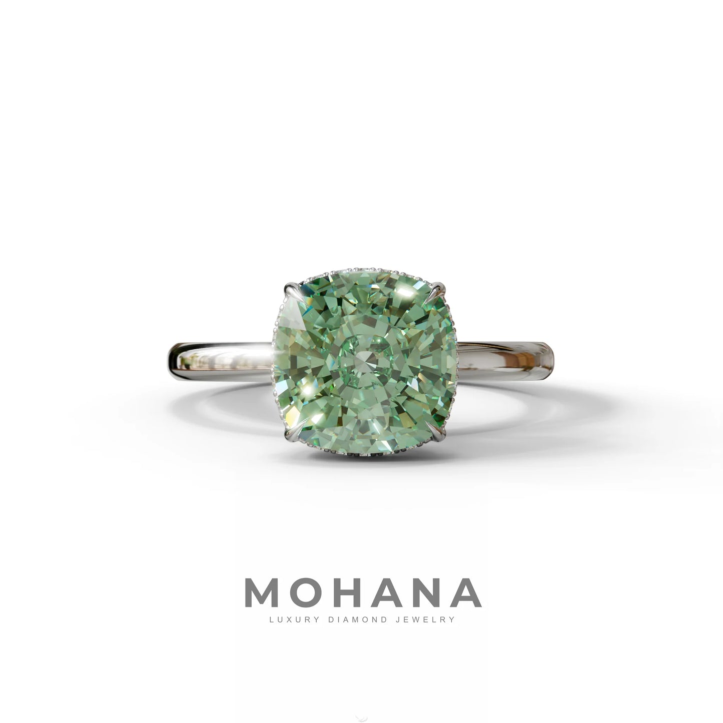 3 Carat Green Cushion Lab Diamond Hidden Halo Ring - 10K Solid Gold / White Gold