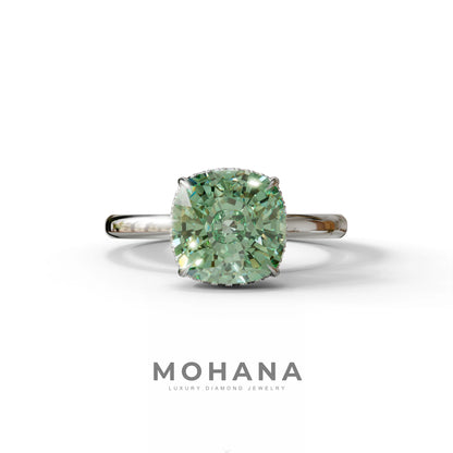 3 Carat Green Cushion Lab Diamond Hidden Halo Ring - 10K Solid Gold / White Gold