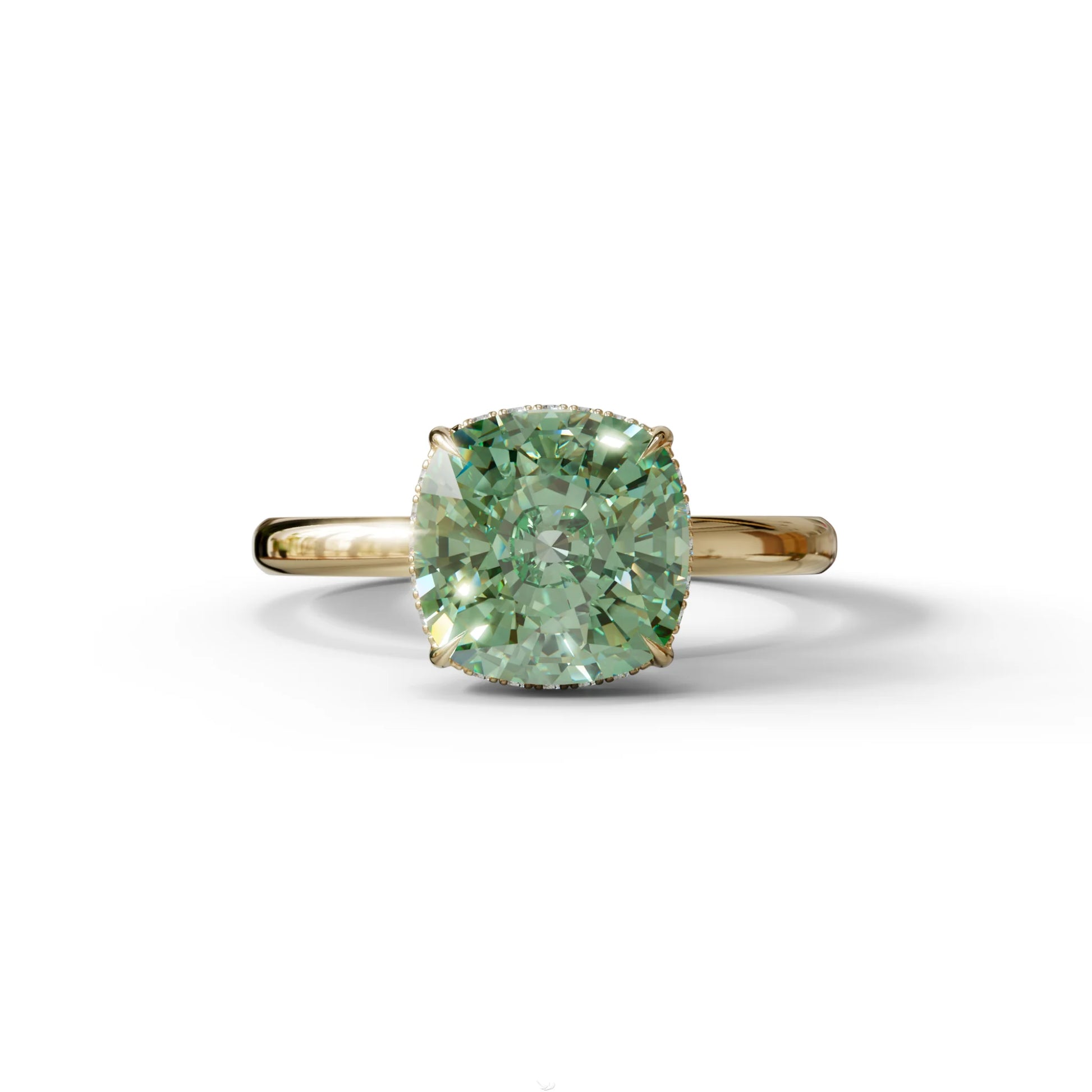3 Carat Green Cushion Lab Diamond Hidden Halo Ring - 10K Solid Gold / Yellow Gold