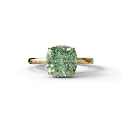 3 Carat Green Cushion Lab Diamond Hidden Halo Ring - 10K Solid Gold / Yellow Gold