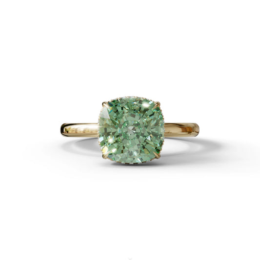 3 Carat Green Cushion Lab Diamond Hidden Halo Ring - 10K Solid Gold / Yellow Gold