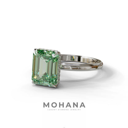 3 Carat Green Emerald Cut Hidden Halo & Claw Setting Lab Grown Diamond Ring
