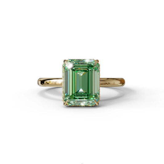 3 Carat Green Emerald Cut Hidden Halo & Claw Setting Lab Grown Diamond Ring - 10K Solid Gold / Yellow Gold