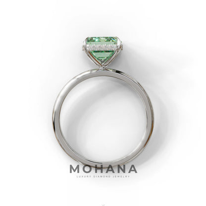 3 Carat Green Emerald Cut Hidden Halo & Claw Setting Lab Grown Diamond Ring