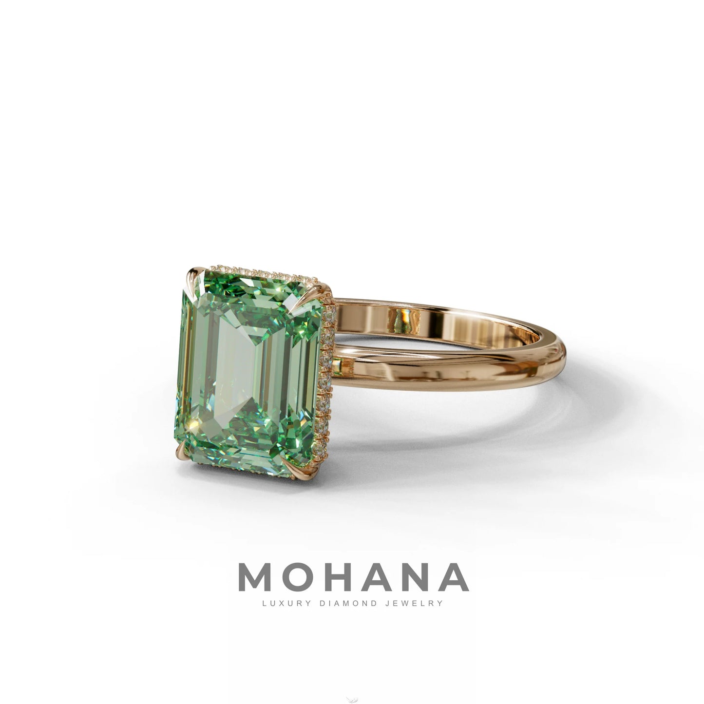 3 Carat Green Emerald Cut Hidden Halo & Claw Setting Lab Grown Diamond Ring