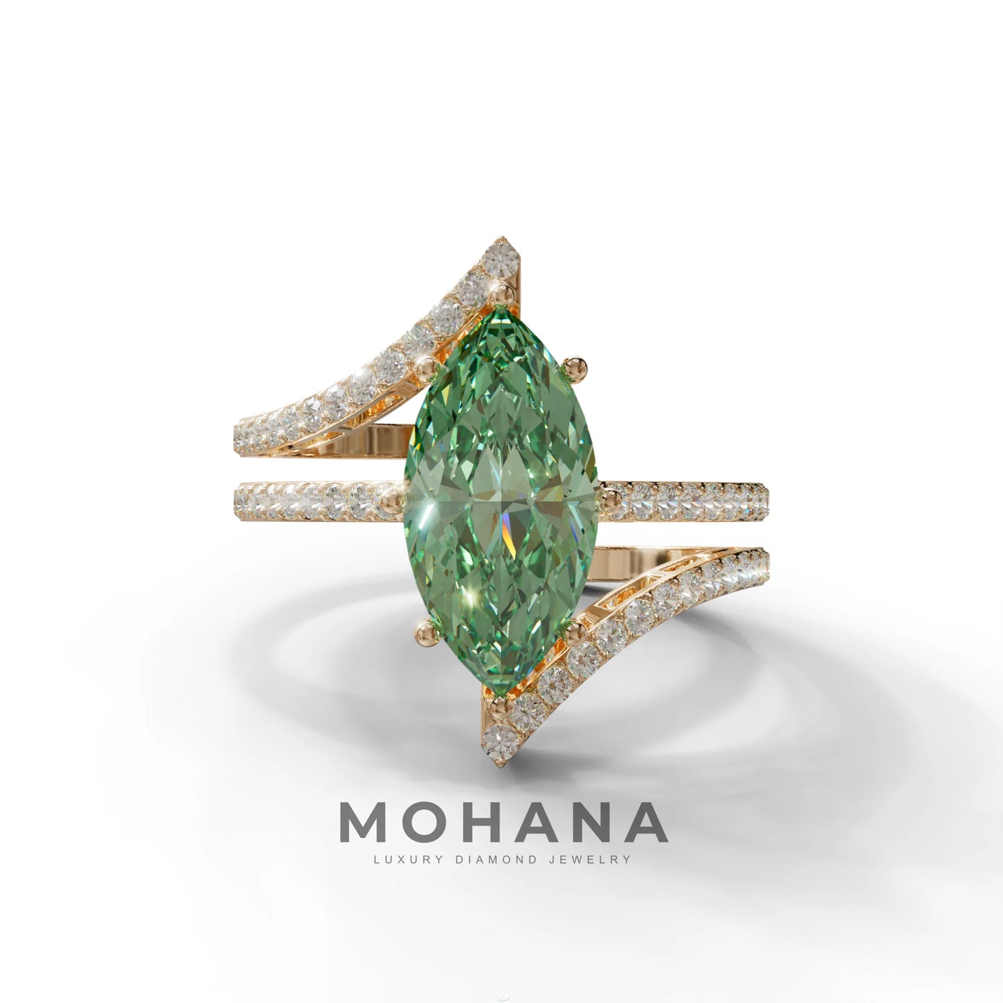 2 Carat Marquise Cut Green Lab Diamond Ring with Double Pave Setting - 10K Solid Gold / Rose Gold