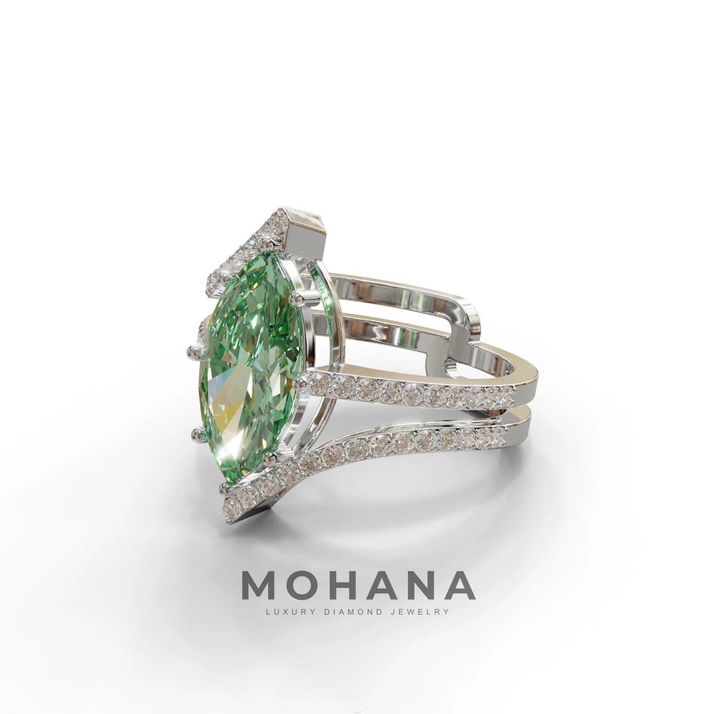 2 Carat Marquise Cut Green Lab Diamond Ring with Double Pave Setting