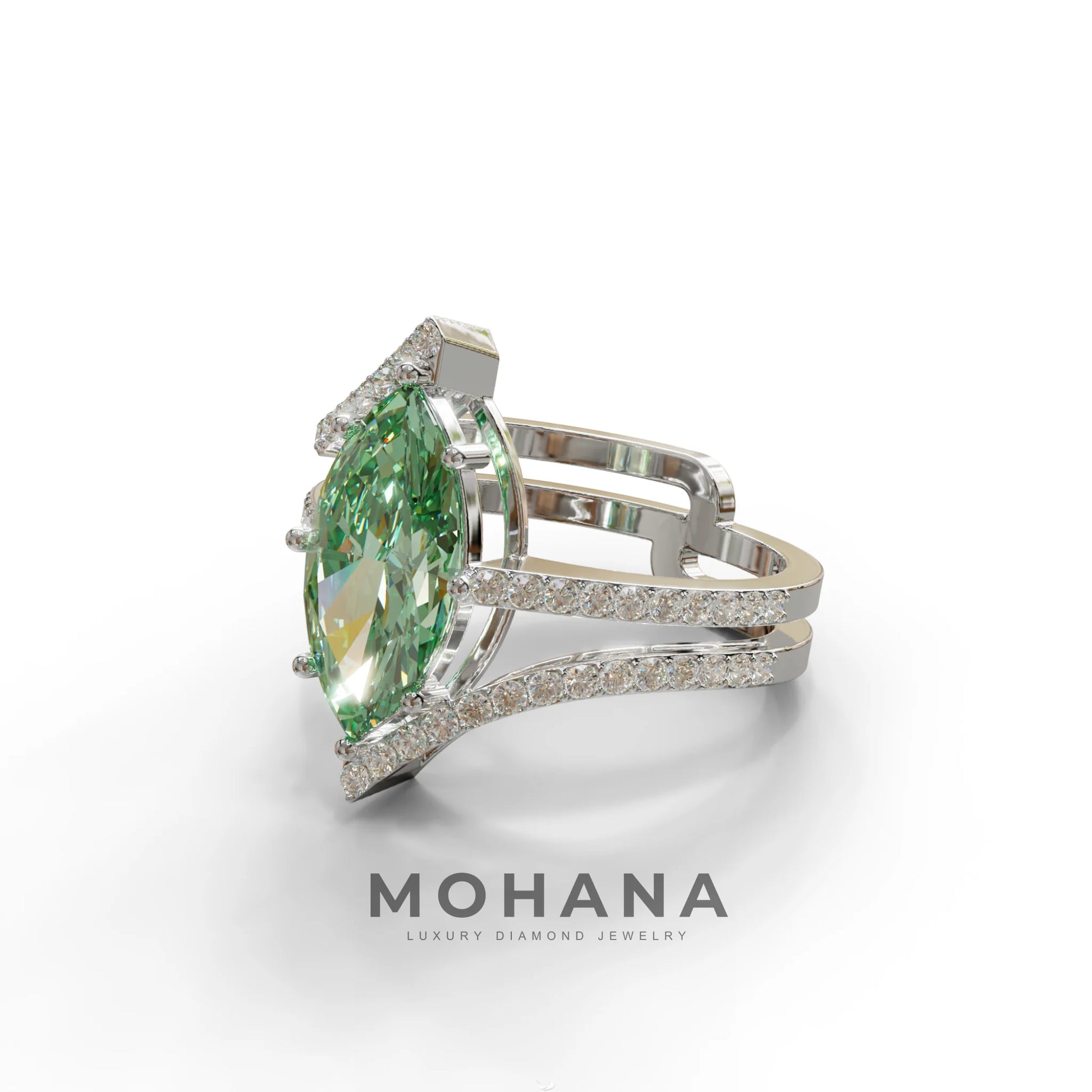 2 Carat Marquise Cut Green Lab Diamond Ring with Double Pave Setting