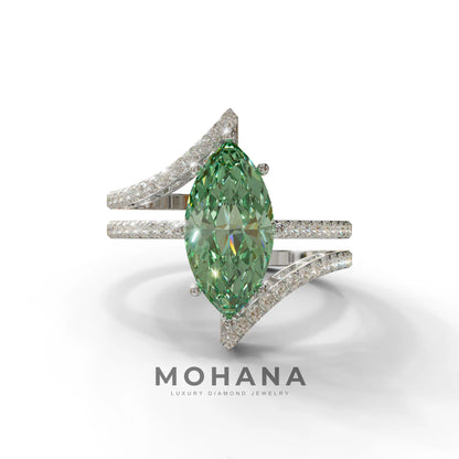 2 Carat Marquise Cut Green Lab Diamond Ring with Double Pave Setting - 10K Solid Gold / White Gold
