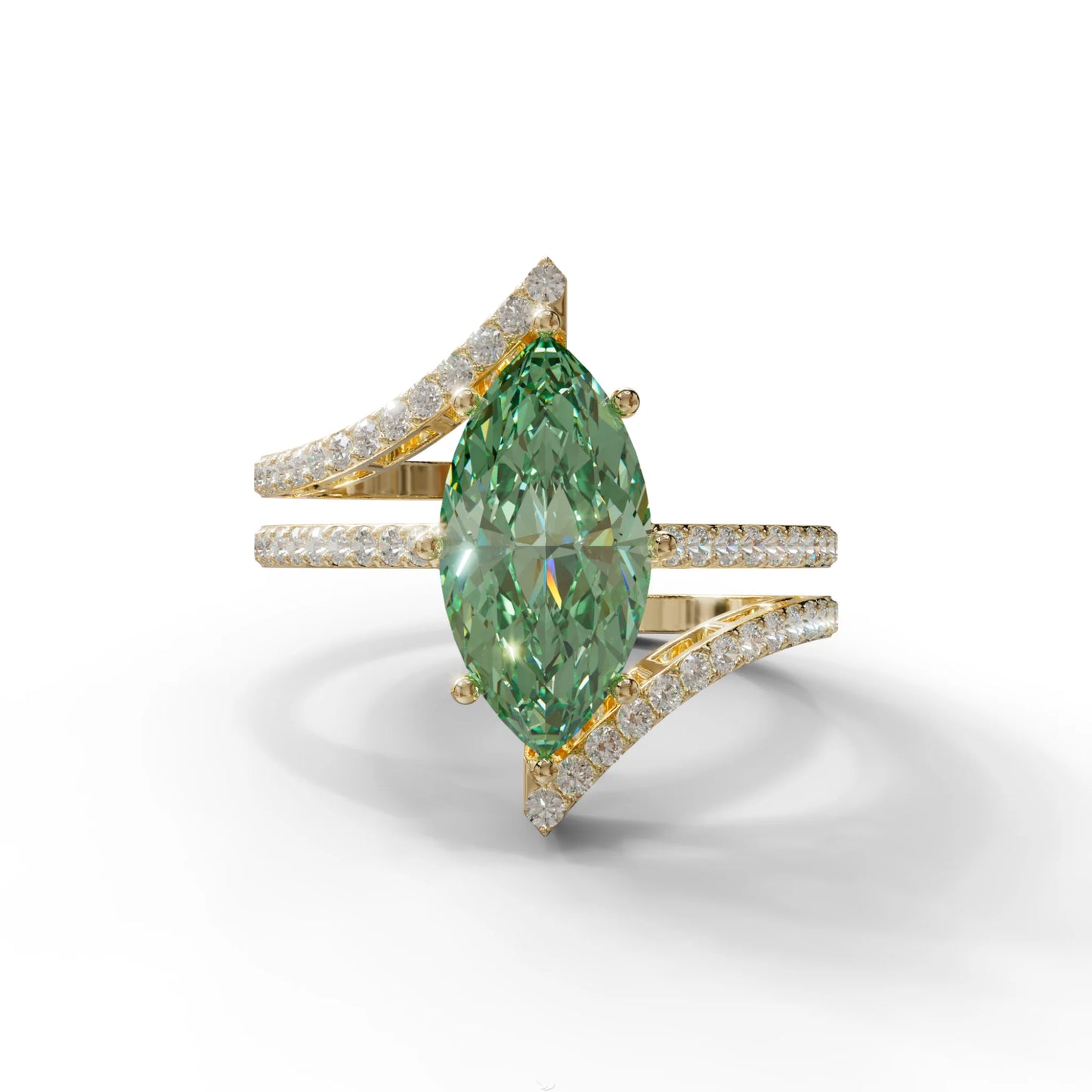 2 Carat Marquise Cut Green Lab Diamond Ring with Double Pave Setting - 10K Solid Gold / Yellow Gold