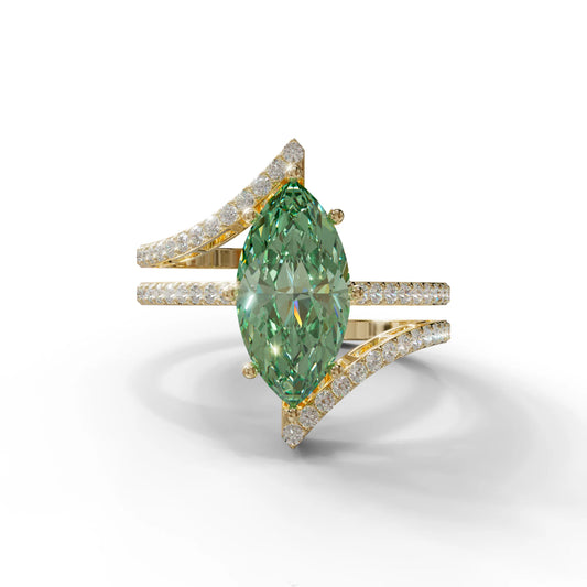 2 Carat Marquise Cut Green Lab Diamond Ring with Double Pave Setting - 10K Solid Gold / Yellow Gold