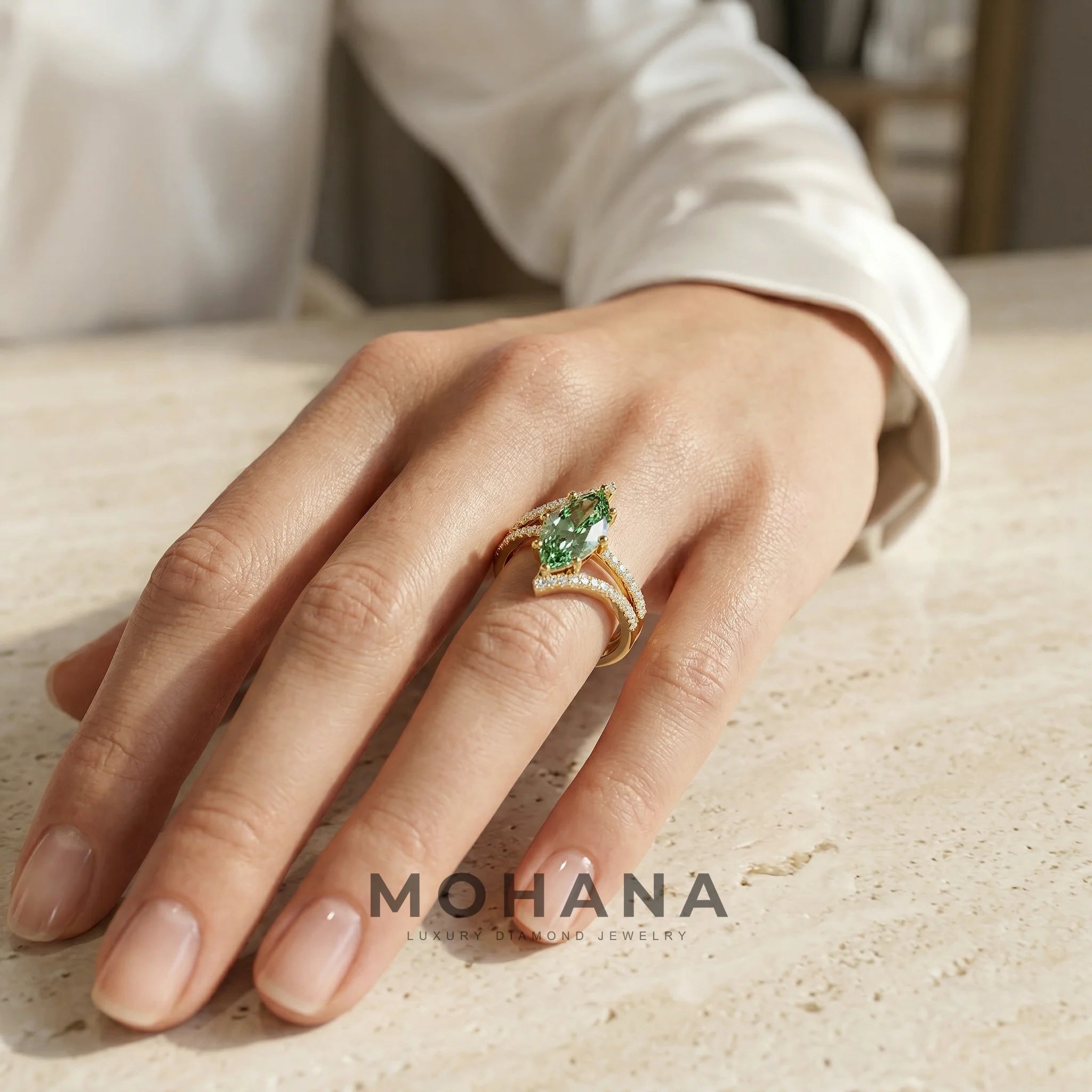 3ct Fancy Vivid Green Marquise Cut Double Pave Lab Grown Diamond Engagement Ring