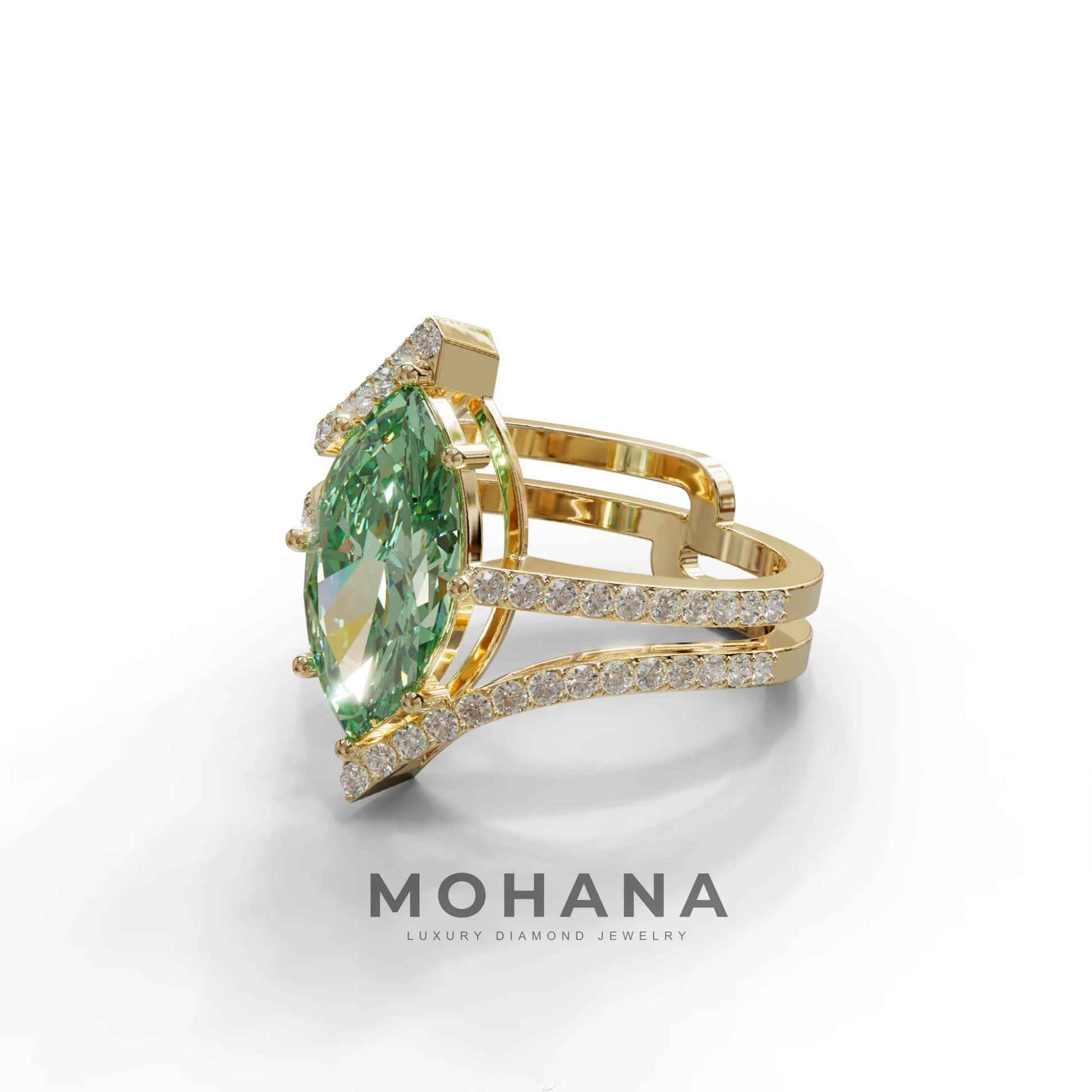 2 Carat Marquise Cut Green Lab Diamond Ring with Double Pave Setting