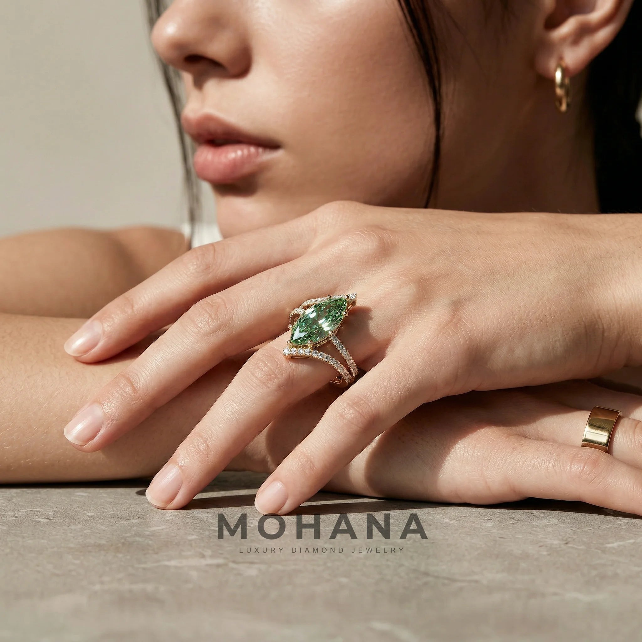 3ct Fancy Vivid Green Marquise Cut Double Pave Lab Grown Diamond Engagement Ring
