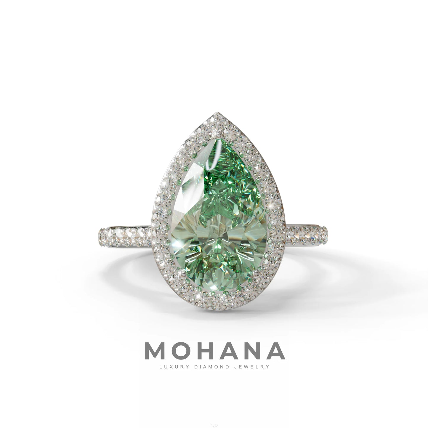 3 Carat Green Pear Cut Halo & Pave Setting Lab Grown Diamond Ring - Madona - 10K Solid Gold / White Gold