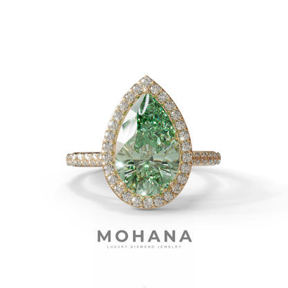 3 Carat Green Pear Cut Halo & Pave Setting Lab Grown Diamond Ring - Madona - 10K Solid Gold / Rose Gold