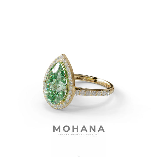3 Carat Green Pear Cut Halo & Pave Setting Lab Grown Diamond Ring - Madona
