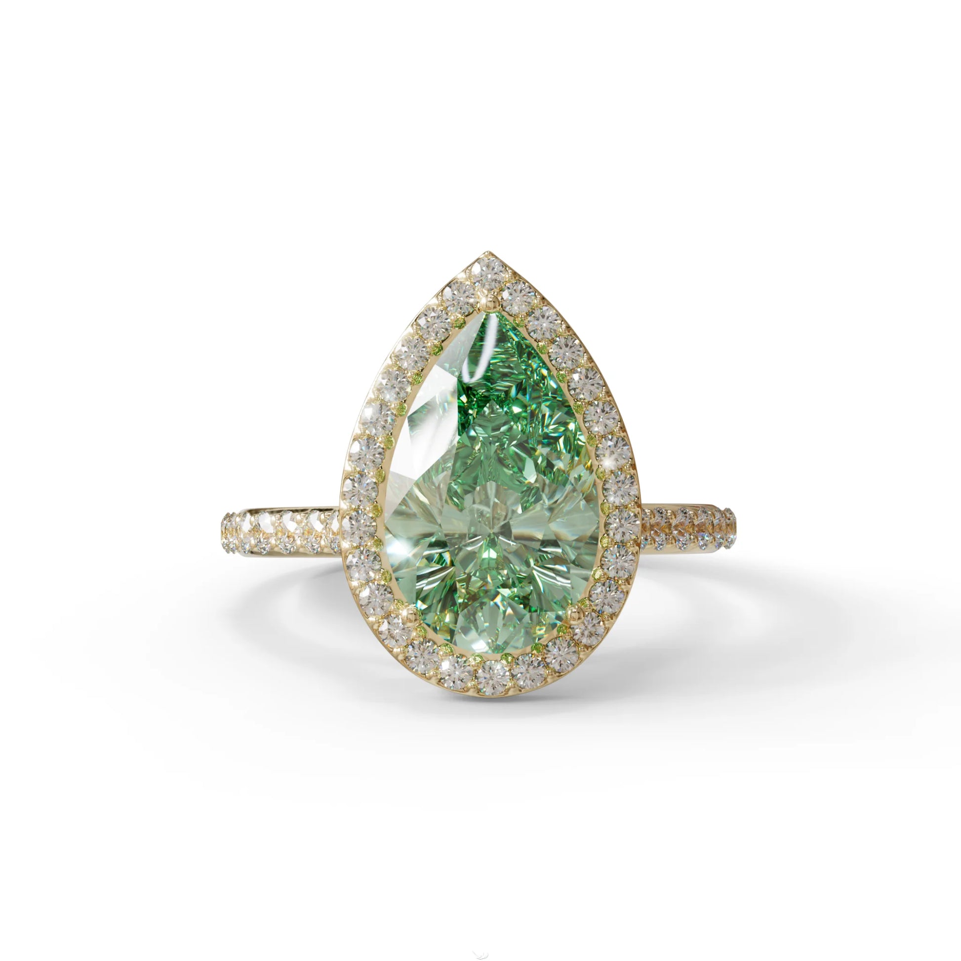 3 Carat Green Pear Cut Halo & Pave Setting Lab Grown Diamond Ring - Madona - 10K Solid Gold / Yellow Gold