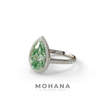 3 Carat Green Pear Cut Halo & Pave Setting Lab Grown Diamond Ring - Madona