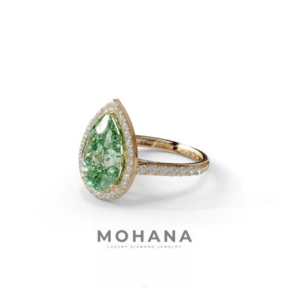 3 Carat Green Pear Cut Halo & Pave Setting Lab Grown Diamond Ring - Madona