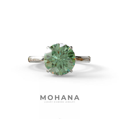 3 Carat Round Green Hidden Halo Lab Diamond Ring - Luxe Cercle - 10K Solid Gold / White Gold