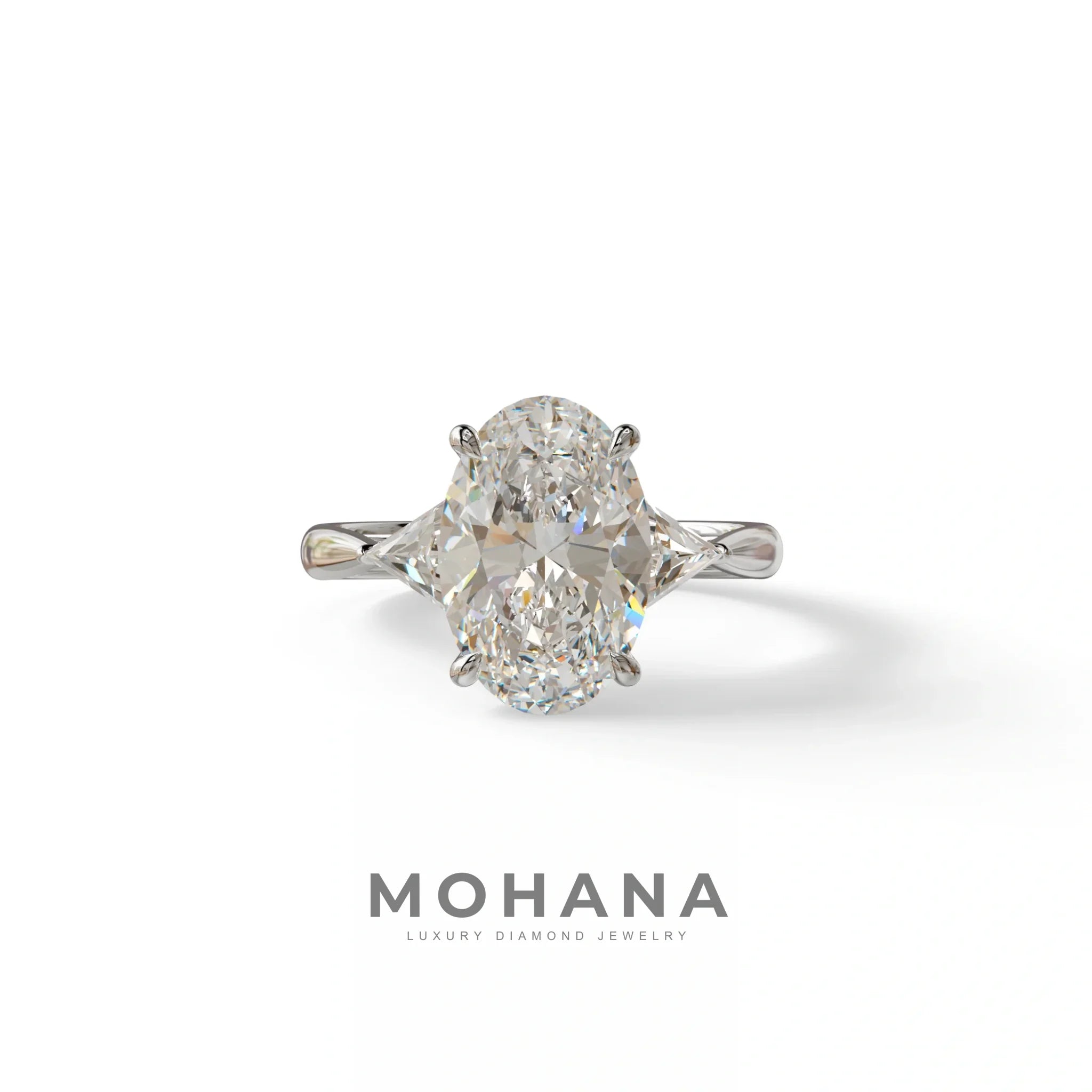 3Ct Oval Cut Lab Grown Diamond Three stone Engagement Ring - Myza - 10K Solid Gold / White Gold