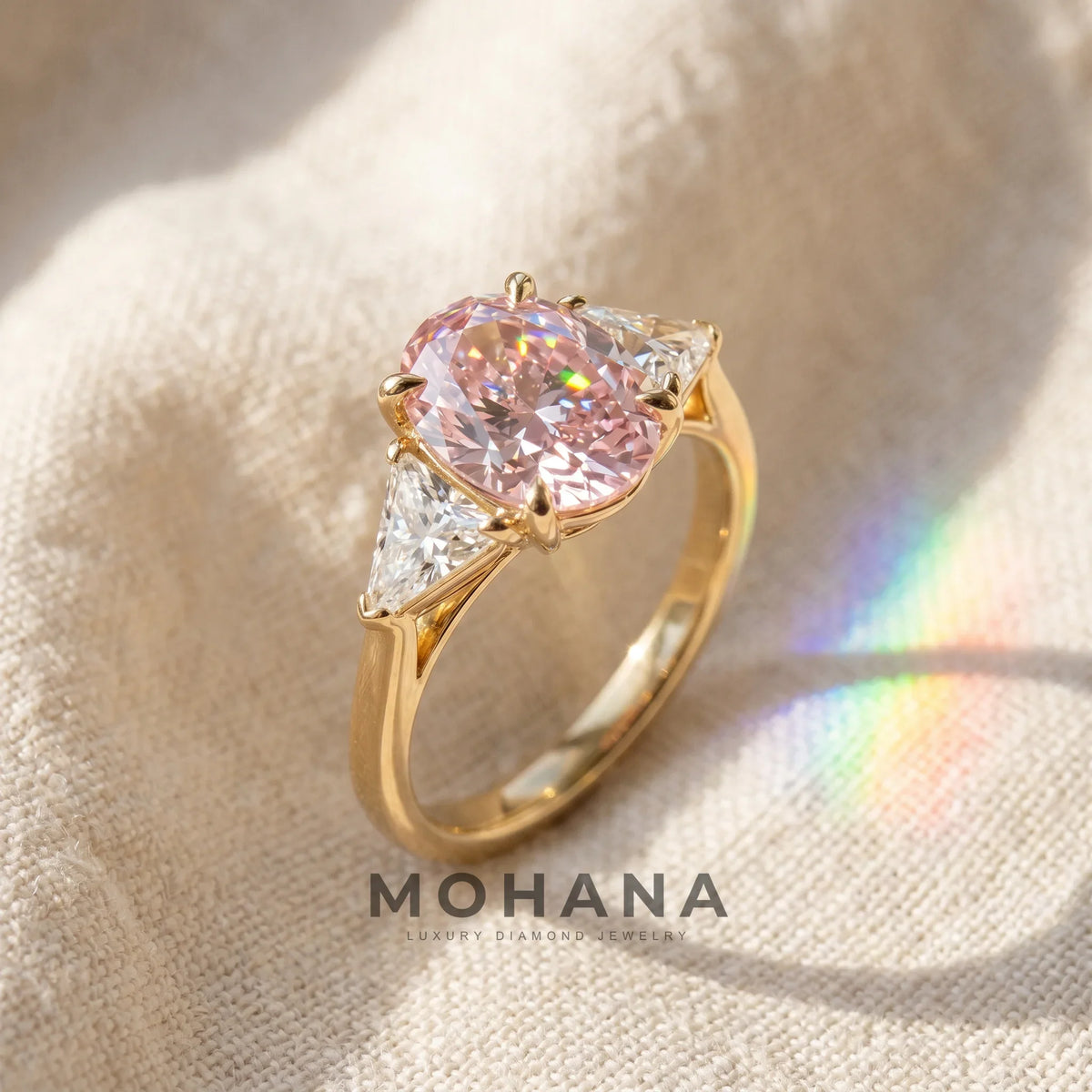 3Ct Pink Oval Cut Lab Grown Diamond Three Stone Engagement Ring - Myza
