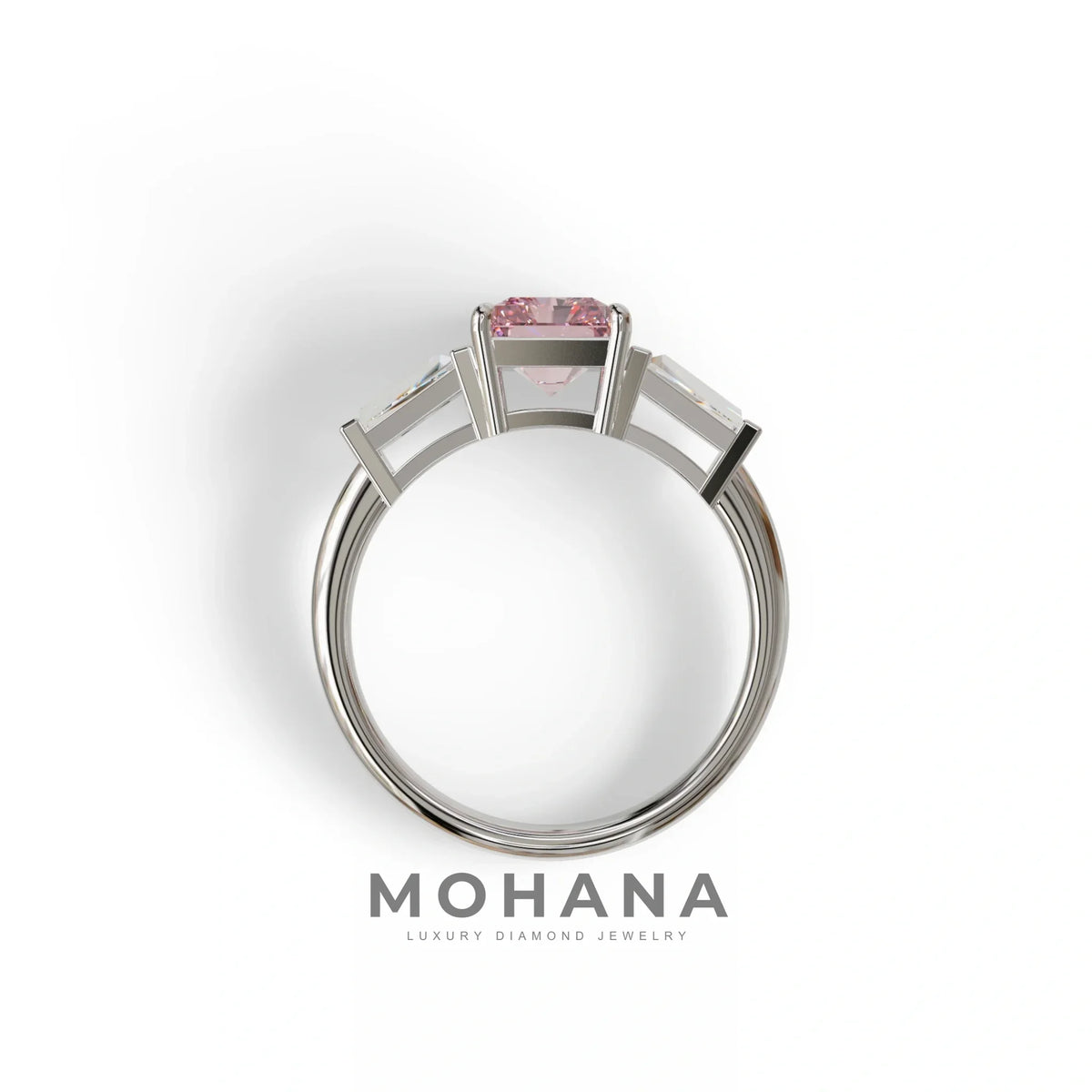3Ct Pink Radiant & Tapered Cut Lab Grown Diamond Three Stone Engagement Ring - Yana
