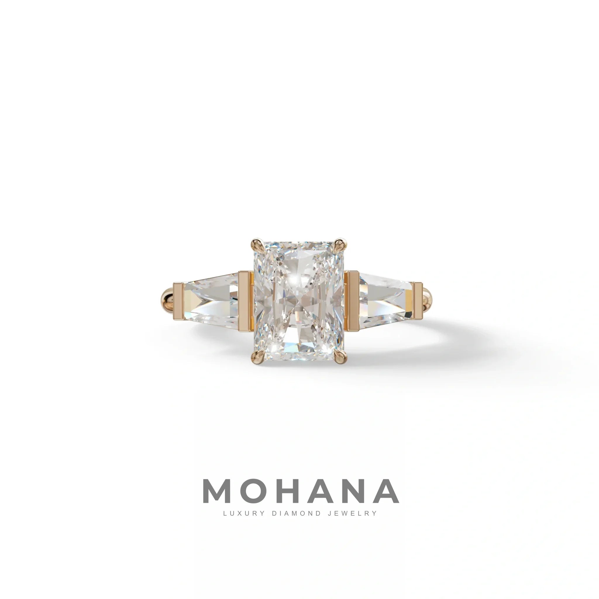 3Ct Radiant & Tapered Cut Lab Grown Diamond Three Stone Engagement Ring - Yana - 10K Solid Gold / Rose Gold