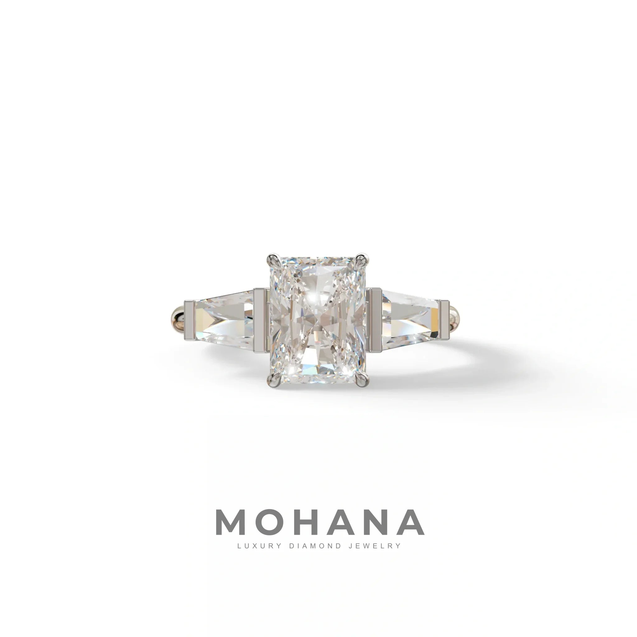 3Ct Radiant & Tapered Cut Lab Grown Diamond Three Stone Engagement Ring - Yana - 10K Solid Gold / White Gold