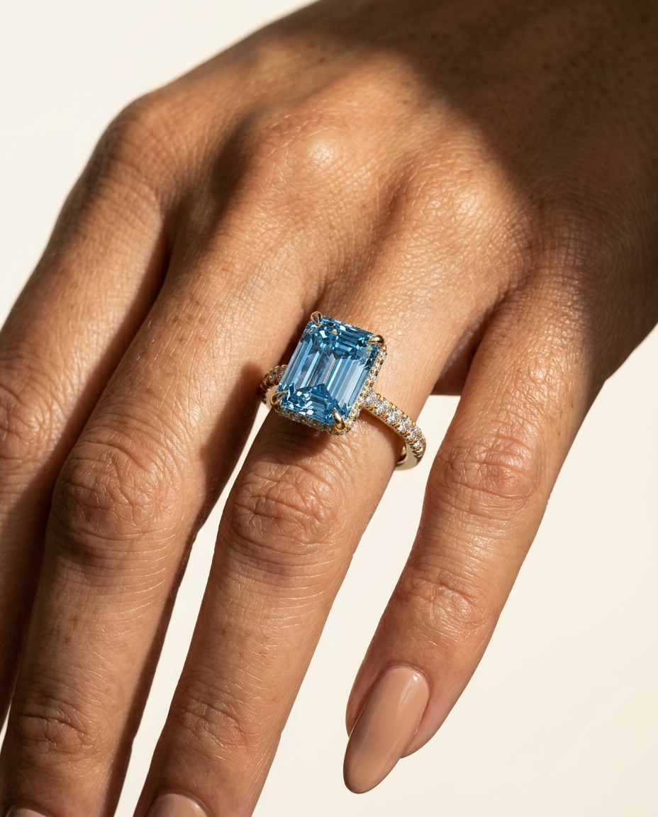 2.5 Carat Blue Lab Grown Diamond Engagement Ring – Emerald Cut Hidden Halo | Siena - Engagement Ring