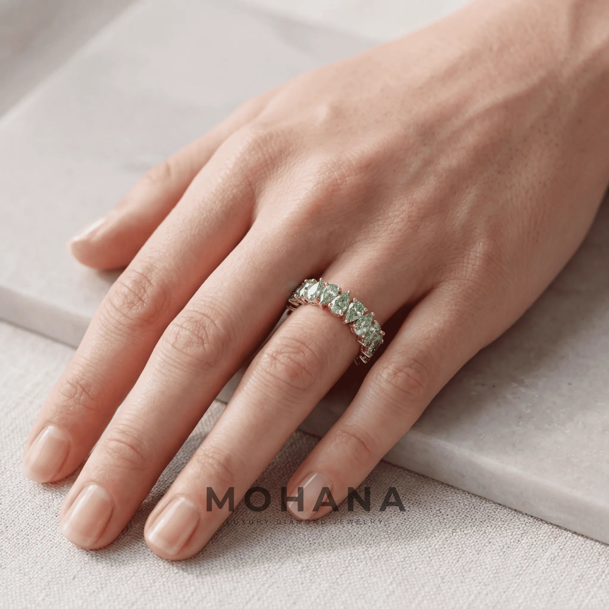 4.4ct Vivid Green Pear Cut Lab Grown Diamond Full Eternity Band - Stackable Ring