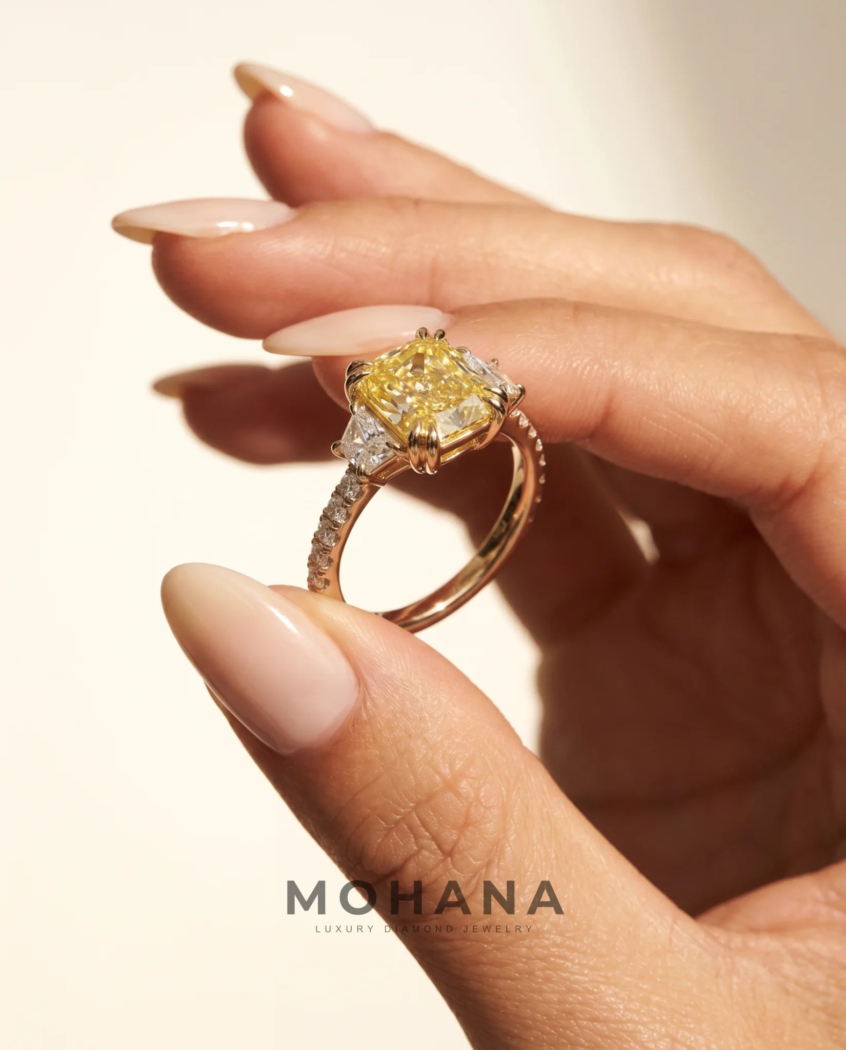 Ready to Ship 4.5 Carat Fancy Vivid Yellow Radiant Cut Three-Stone Trapezoid Diamond Ring — view 8