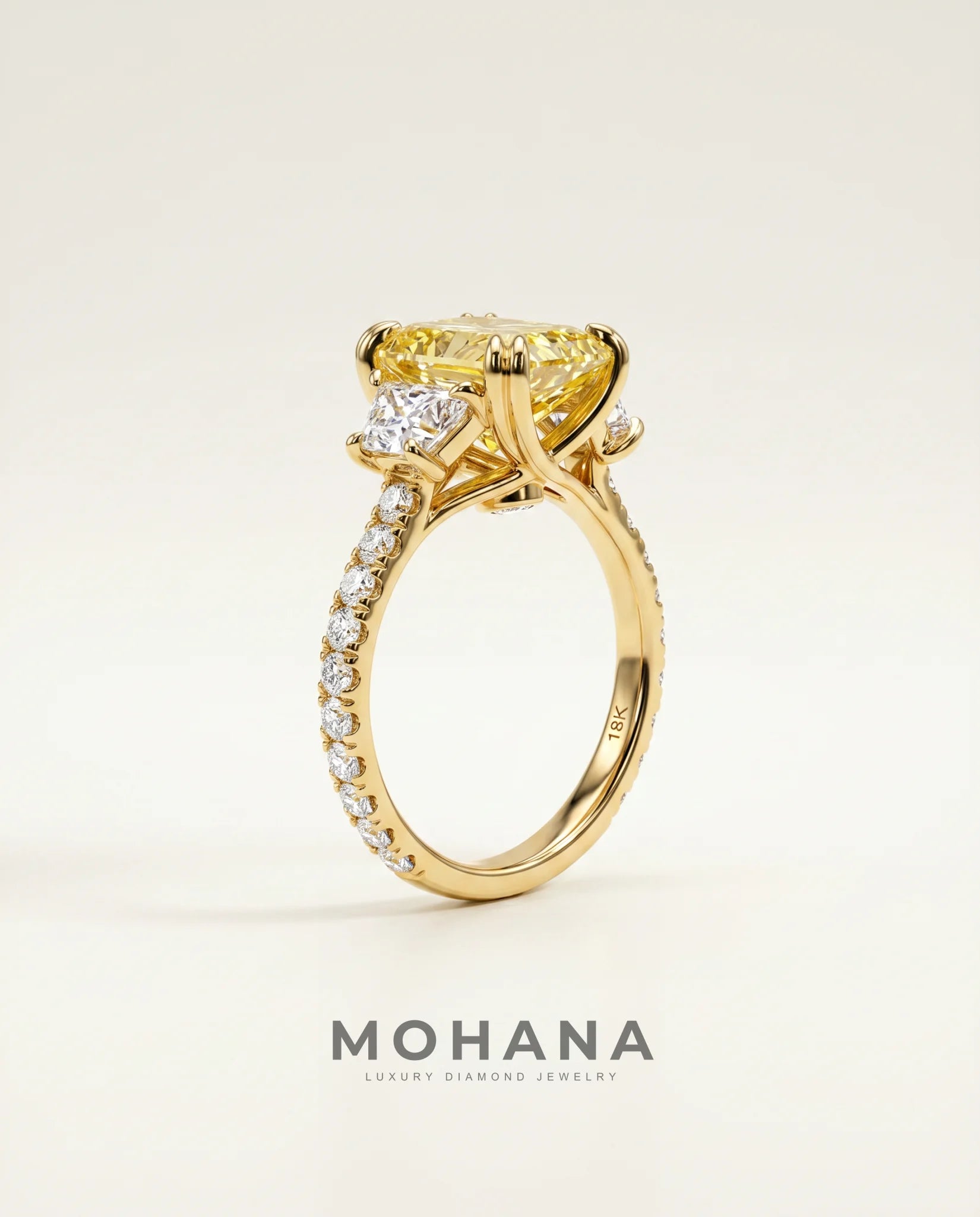 Ready to Ship 4.5 Carat Fancy Vivid Yellow Radiant Cut Three-Stone Trapezoid Diamond Ring — view 3