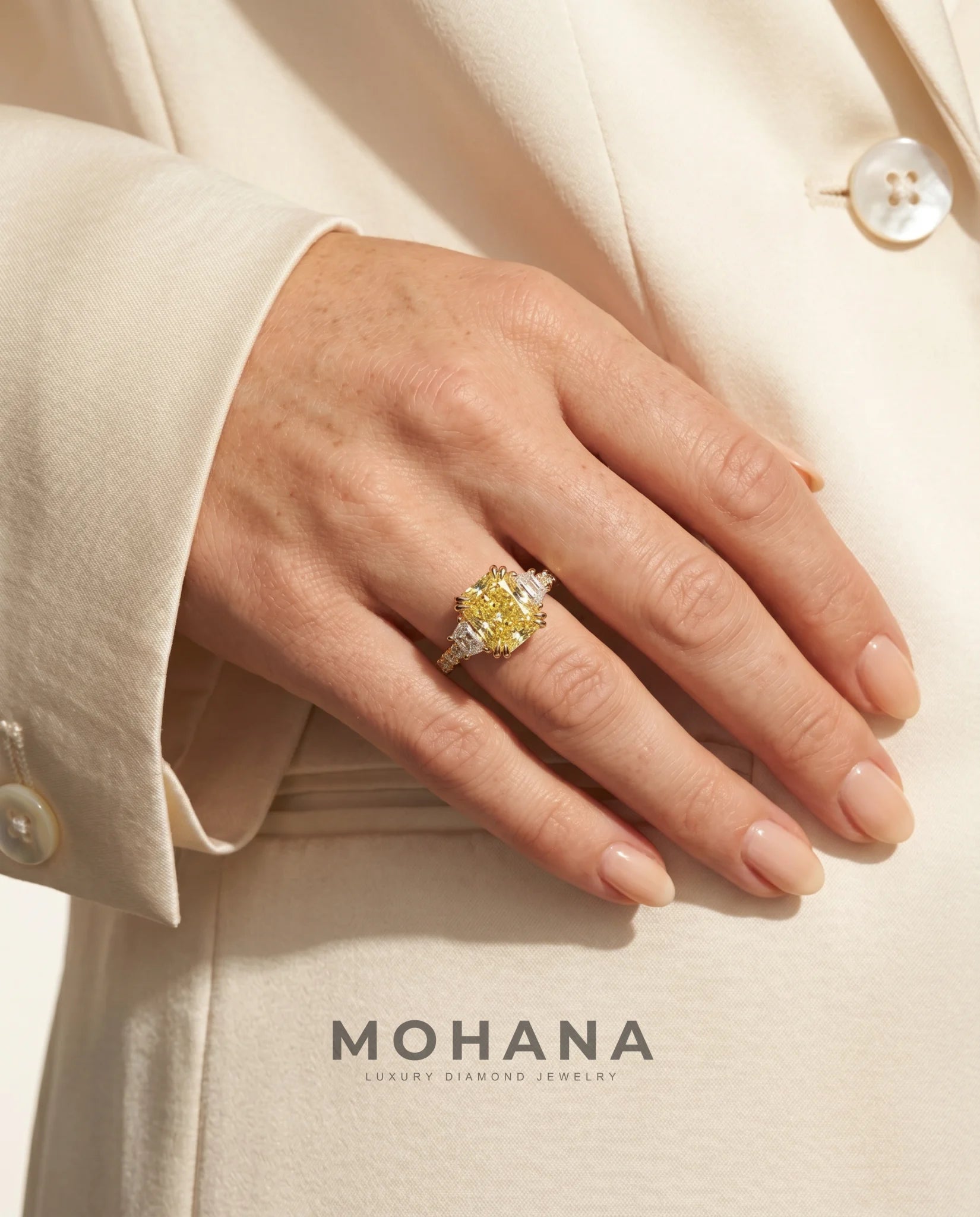Ready to Ship 4.5 Carat Fancy Vivid Yellow Radiant Cut Three-Stone Trapezoid Diamond Ring — view 16