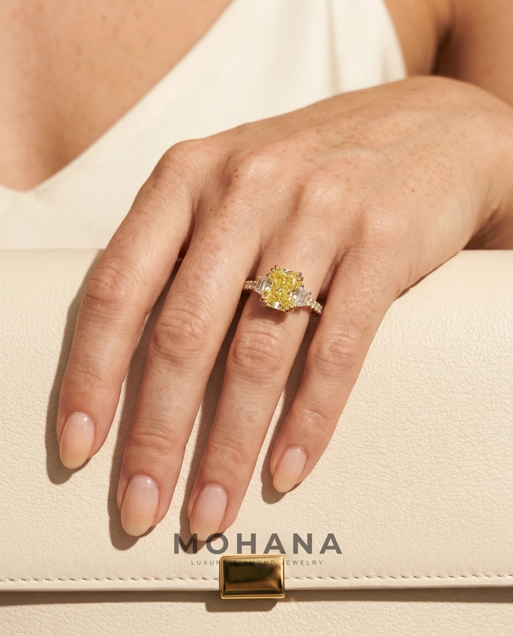 Ready to Ship 4.5 Carat Fancy Vivid Yellow Radiant Cut Three-Stone Trapezoid Diamond Ring — view 17
