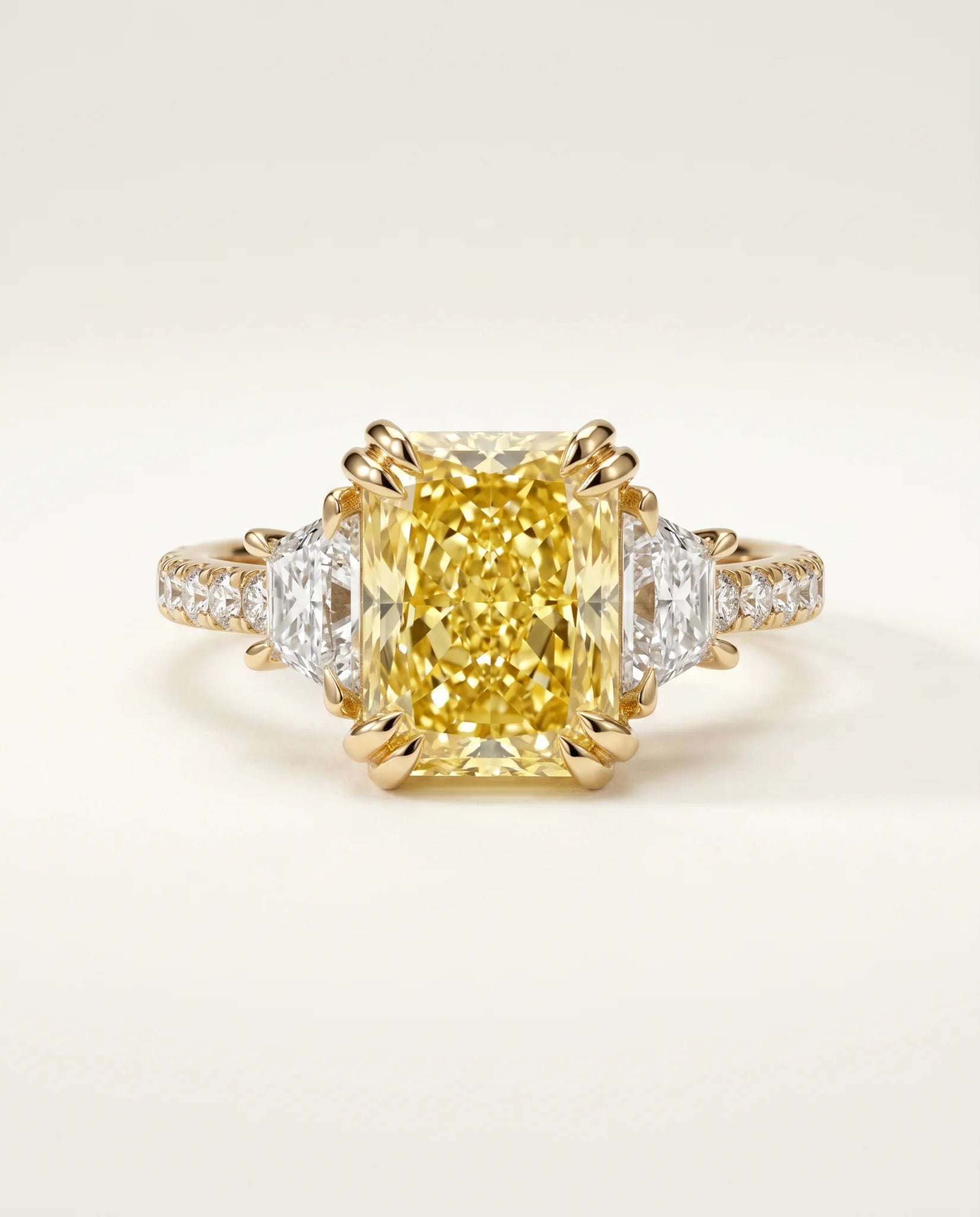 Ready to Ship 4.5 Carat Fancy Vivid Yellow Radiant Cut Three-Stone Trapezoid Diamond Ring — view 5
