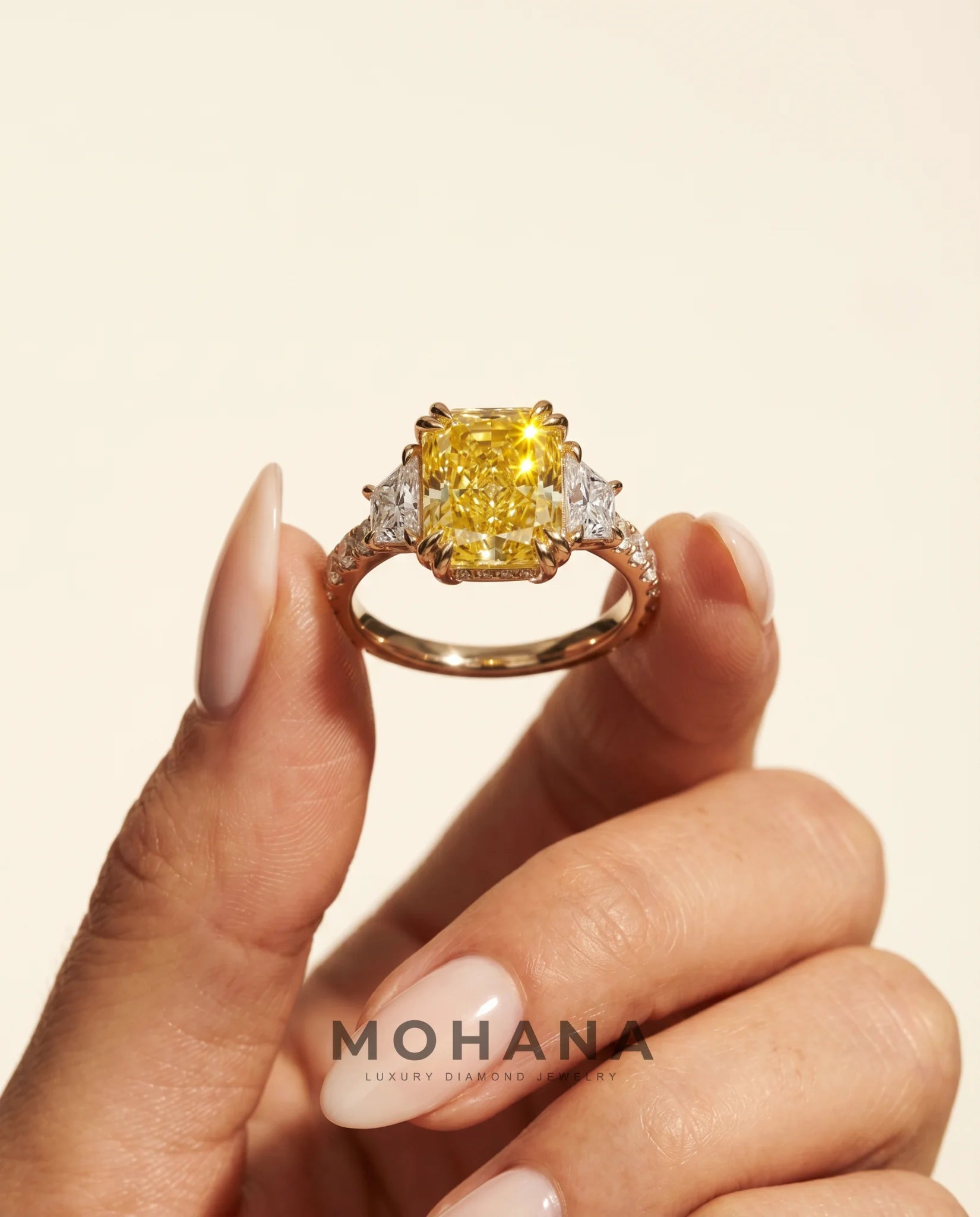 Ready to Ship 4.5 Carat Fancy Vivid Yellow Radiant Cut Three-Stone Trapezoid Diamond Ring — view 9