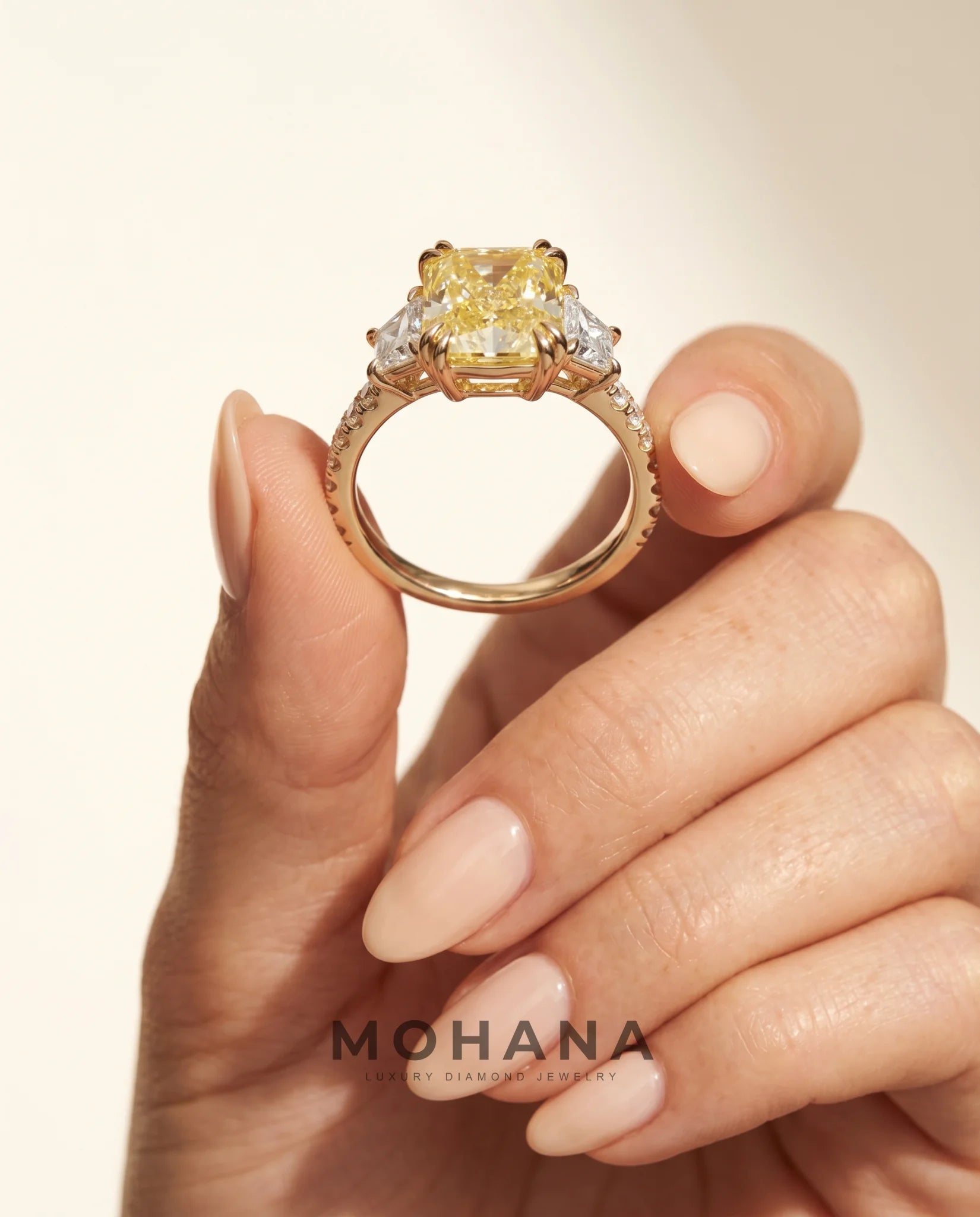 Ready to Ship 4.5 Carat Fancy Vivid Yellow Radiant Cut Three-Stone Trapezoid Diamond Ring — view 7