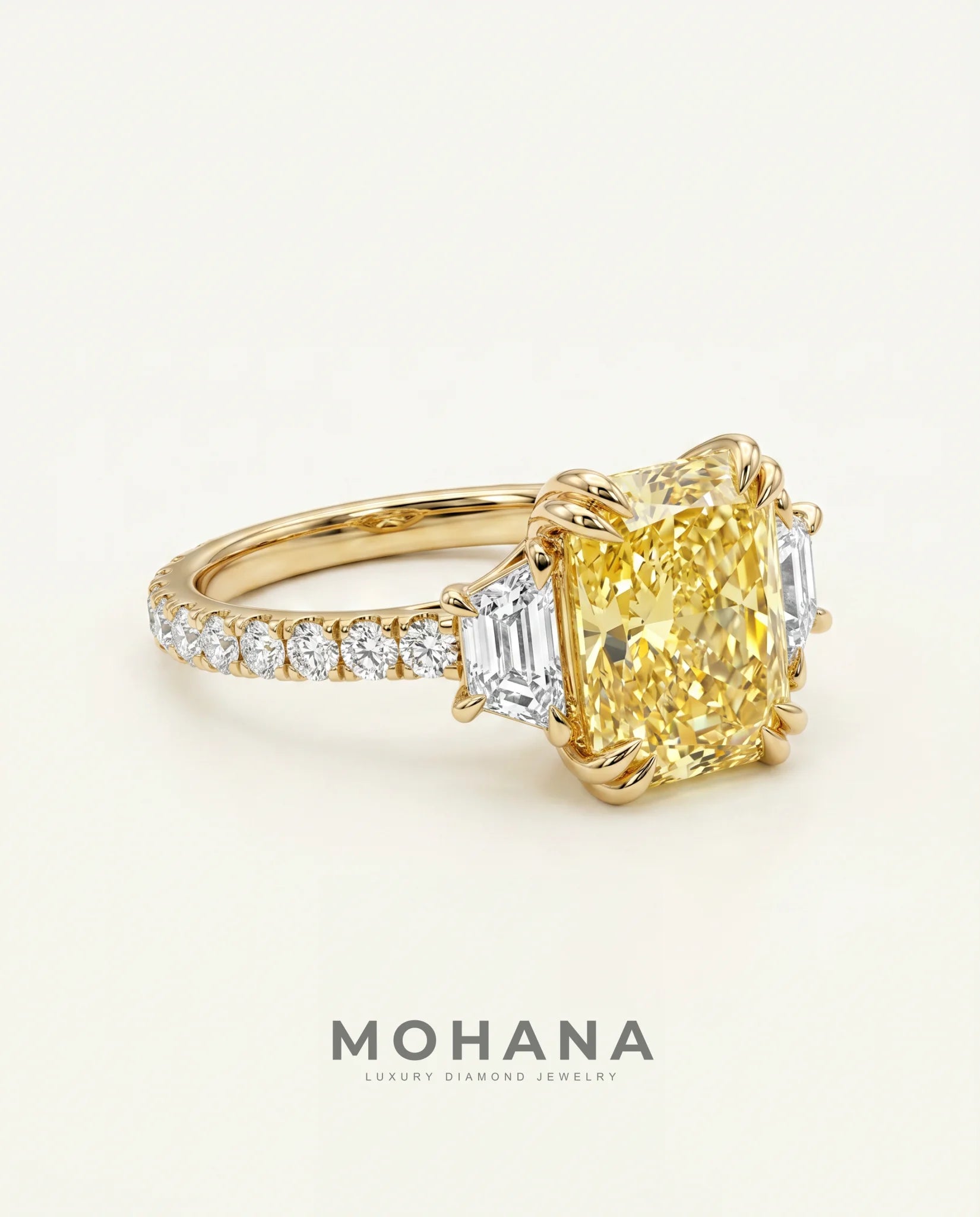 Ready to Ship 4.5 Carat Fancy Vivid Yellow Radiant Cut Three-Stone Trapezoid Diamond Ring — view 4