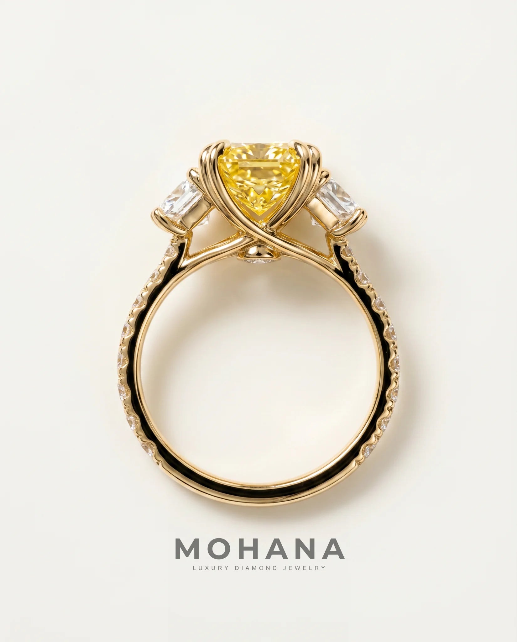 Ready to Ship 4.5 Carat Fancy Vivid Yellow Radiant Cut Three-Stone Trapezoid Diamond Ring — view 2