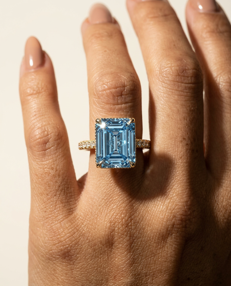 2.5 Carat Blue Lab Grown Diamond Engagement Ring – Emerald Cut Hidden Halo | Siena - Engagement Ring